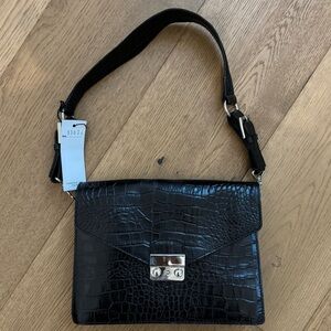 Maurizio Taiuti Black Leather Croc-Embossed Shoulder Bag - NWT - Made in Italy